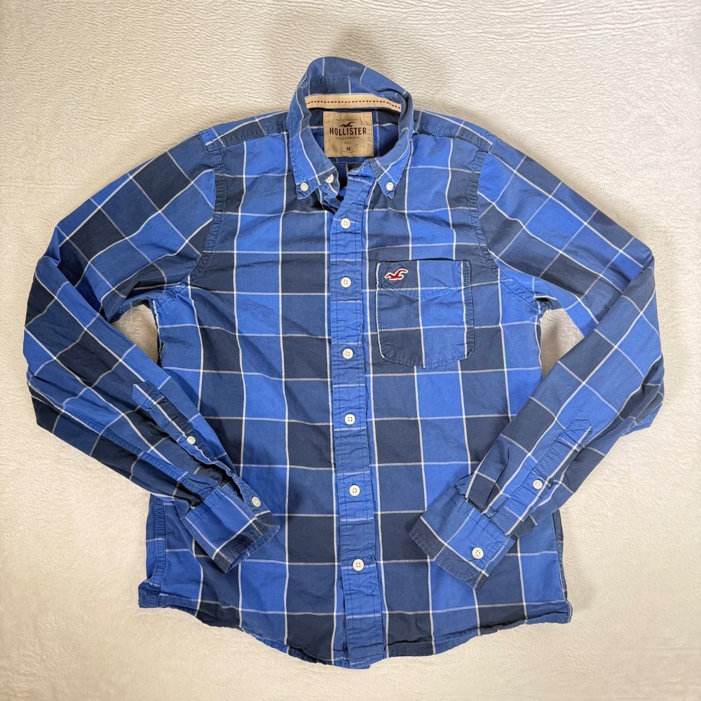 Hollister Mens Blue Plaid Button Down Shirt Long Sleeve Casual Grid Check Size M